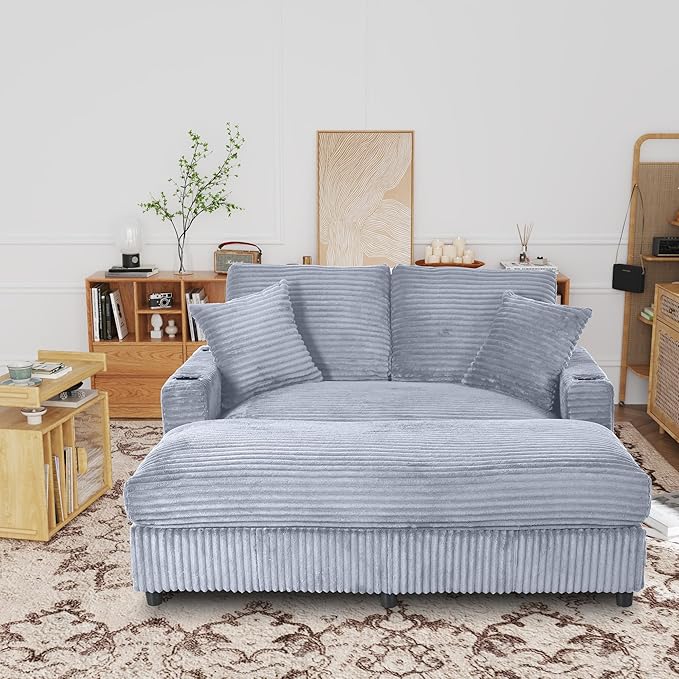 Eafurn 64" Oversized Chaise Lounge Chair Indoor, Plush Corduroy Upholstered Sofa Bed with Pillows & 2 Cup Holders, Extra Wide Deep Seat Sleeper Couch Recliner Chair for Living Room | Removable Cushions, Wooden Frame, Solid Legs