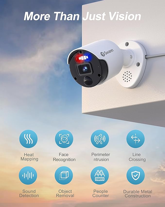 Swann Home Security Add-On Bullet NVR Camera, PoE, 12MP Mega HD Video, Indoor & Outdoor Wired Surveillance CCTV, Color Night Vision, Heat Motion Detection, SwannForce LED Lights, Siren
