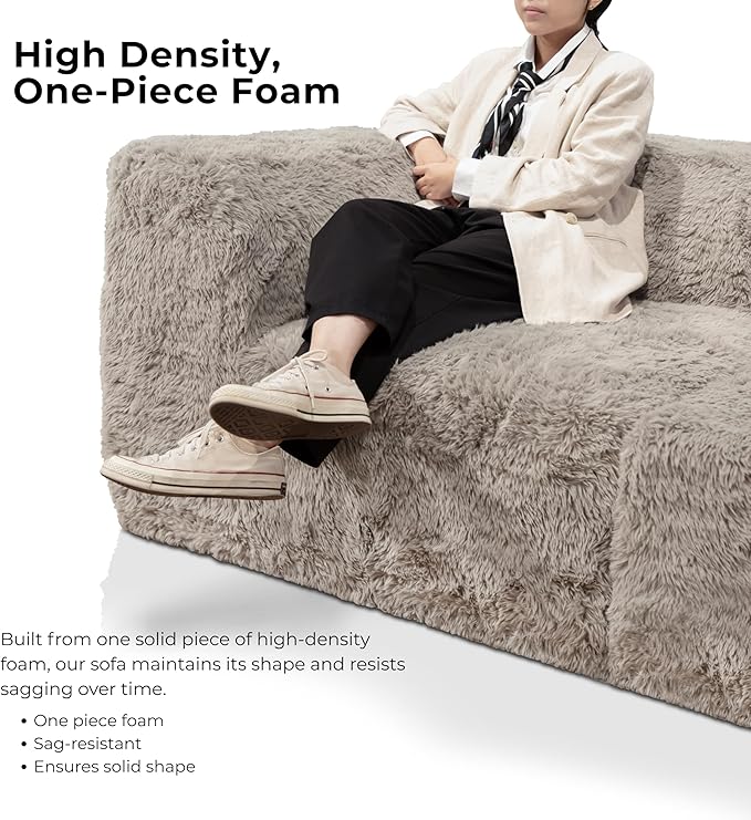 Furniture of America Havyn Modern Faux Fur 6-Seater Modular Foam Sofa Bed with Ottoman, Compressed Couch in a Box, No Assembly Required, for Living Room and Office, Olive Green