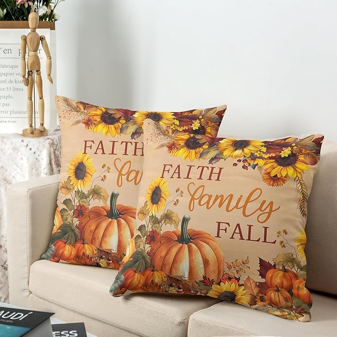 Fall Pillow Covers Pumpkin Sunflower Throw Pillow Covers Autumn Thanksgiving Harvest Pillow Case 16x16 Set of 2 Double Sided Printing Cushion Case for Couch Sofa