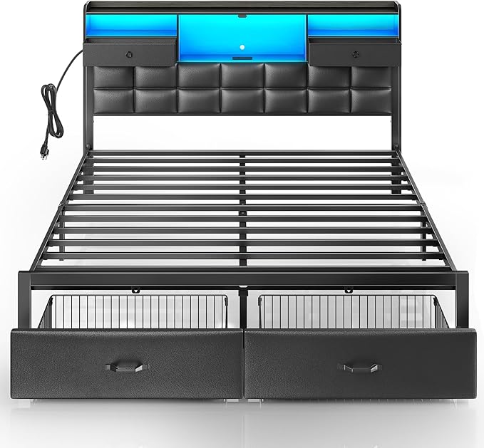 Rolanstar Bed Frame King Size with Drawers and Charging Station, Upholstered Platform Bed with Storage Headboard and LED Light, Heavy Duty Metal Frame Support, No Box Spring Needed, Noise Free, Black