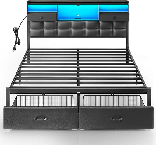 Rolanstar Bed Frame King Size with Drawers and Charging Station, Upholstered Platform Bed with Storage Headboard and LED Light, Heavy Duty Metal Frame Support, No Box Spring Needed, Noise Free, Black