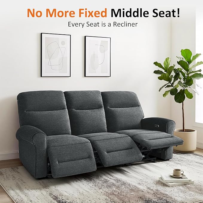 MCombo 87.8" Wall Hugger Power Reclining Sofa, 3-Seat Triple Recliner Couch with USB Ports, Rolled Arm Space Saving Recliner Sofa for Living Rooms Apartments RV, Fabric PR635M5 (Dark Grey) | 1.4" Wall Clearance