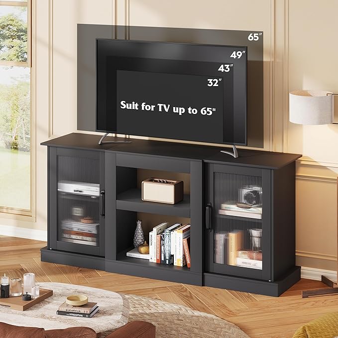 WLIVE Farmhouse TV Stand for 65 inch TV, 58" Entertainment Center with Storage Cabinets, Open Shelves TV Console for Living Room and Bedroom, Black