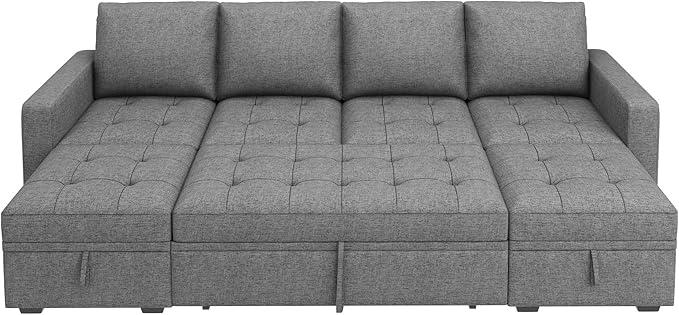 HONBAY Modular Sectional Sleeper Sofa with Pull Out Bed, Linen Convertible L Shaped Couch with Storage Seat, Sectional Couches for Living Room, Grey