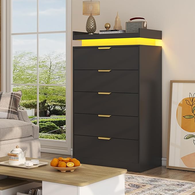 Tall Dresser for Bedroom, Black Dresser with LED Lights, Wood 5 Drawer Chest with Power Outlet, Modern Tall Chest of Drawers for Bedroom, Entryway, Hallway