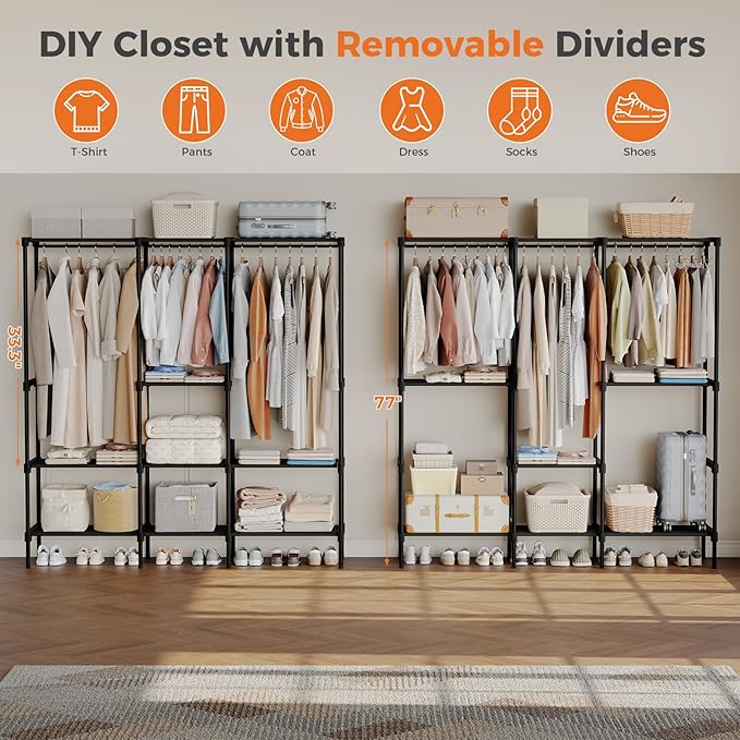 OLIXIS Portable Wardrobe Closet with Hanging Rods, 72 Inch Portable Clothing Rack with Shelves, Heavy Duty Clothes Rack, Freestanding Closet Organizer, 72 "L x 15.7 "W x 77 "H