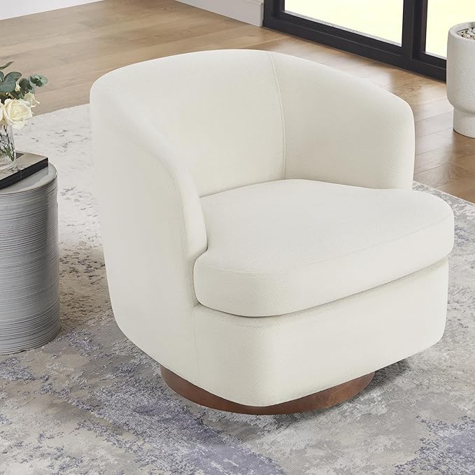 Swivel Accent Chair, Barrel Armchair with Upholstered Performance Fabric and Wood Base for Bedroom Waiting Living Room, 1 PC, Linen