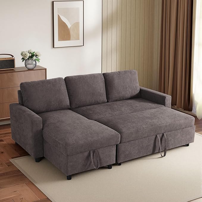 Yafylly L-Shaped Sleeper Sofa with Chaise Lounge & Storage, Pull-Out Couch Bed with Recliner, Full Size Futon for Living Room, Office, Apartment, Coffee