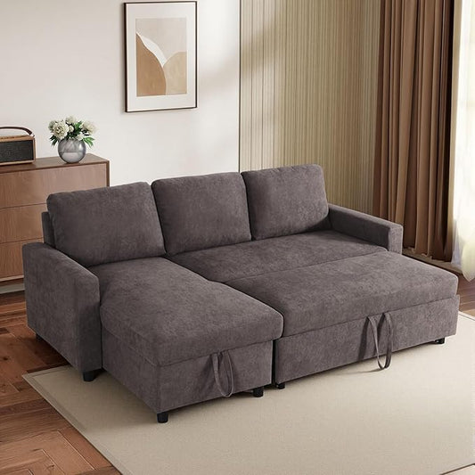 Yafylly L-Shaped Sleeper Sofa with Chaise Lounge & Storage, Pull-Out Couch Bed with Recliner, Full Size Futon for Living Room, Office, Apartment, Coffee
