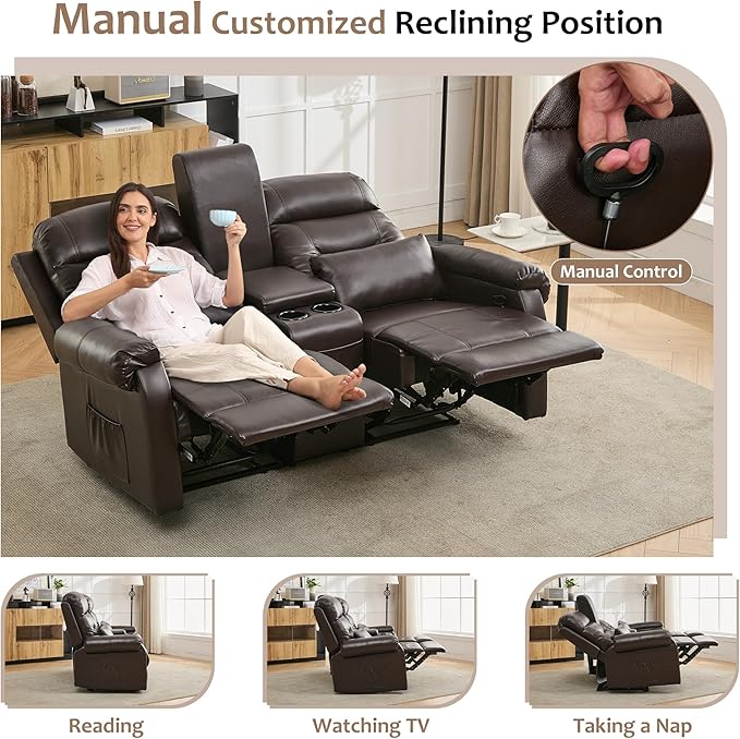 DRMBOOK RV Loveseat Recliner Sofa with Console, Faux Leather Double Wall Hugger Reclining Couch Manual Home Movie Seating 2 Person Recliner Chair with Cup Holders/Storage/Pocket/Lumbar Pillow, Brown