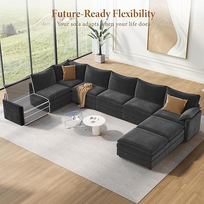 Vesgantti Large Modular Sectional Sofa, Big Comfy Cloud Couch with Ottoman Deep Seat Corduroy Cloud Sofa, 8 Seater Large Sectional Couches for Living Room, Bedroom and Apartment, Gray | Sink-in Comfort, Height Adjustable, Easy Rearrangement, Extra-deep...