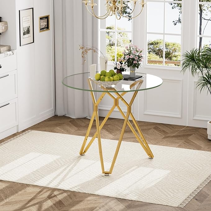 KEIKI 35.4-inch Round Tempered Glass Dining Table, Suitable for 1-4 People, Space-Saving Small Kitchen Dining Table, Equipped with Sturdy Metal Table Legs, Suitable for Dining Room, Living Room, Gold