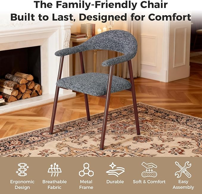 DUMOS Dining Chairs Set of 2, Modern Linen Fabric Upholstered Kitchen Side Chairs with Curved Backrest, Accent Farmhouse Metal Chairs for Kitchen Dining Room Restaurant Cafe, Gray