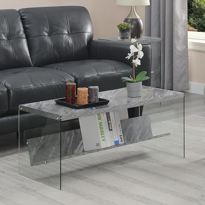 Convenience Concepts SoHo Glass Coffee Table 40" - Modern Living Room Table with Storage Shelf, Contemporary Coffee Table for Family Room, Gray Faux Marble