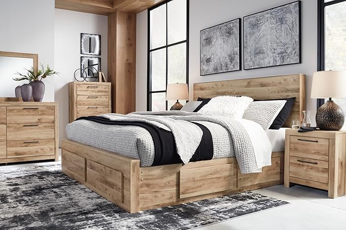 Signature Design by Ashley Hyanna Rustic Contemporary 2 Drawer Nightstand with 2 USB Charging Ports, Wood, 24.37" High, Light Golden Brown Finish