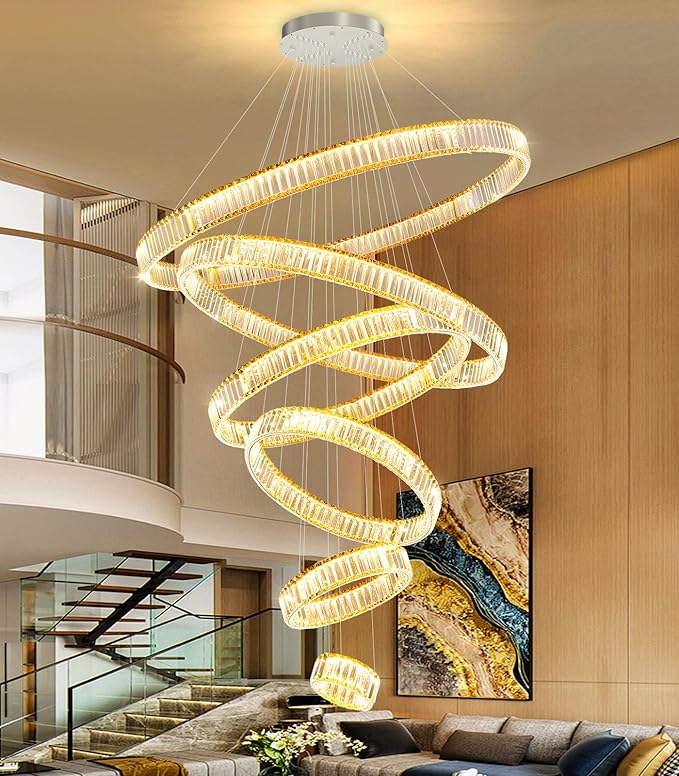 Large Ring Chandelier Modern Crystal Chandeliers for High Ceiling Round LED Dimmable Ceiling Light Fixture for Foyer Long Stair Silver 8''+16''+24''+32''+40''+47''