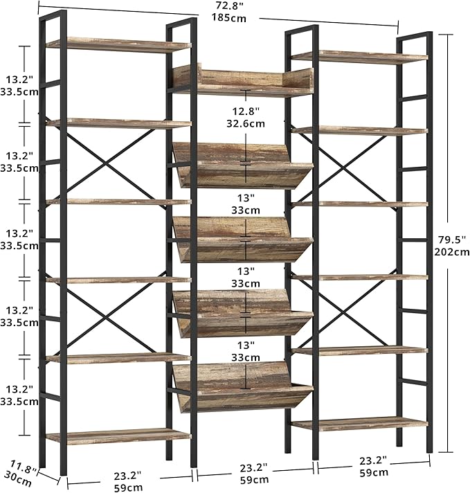 IRONCK Industrial Bookshelves 6 Tiers Triple Wide Bookshelf, Large Etagere Bookshelf Open Record Player Shelves with Metal Frame for Living Room Home Office