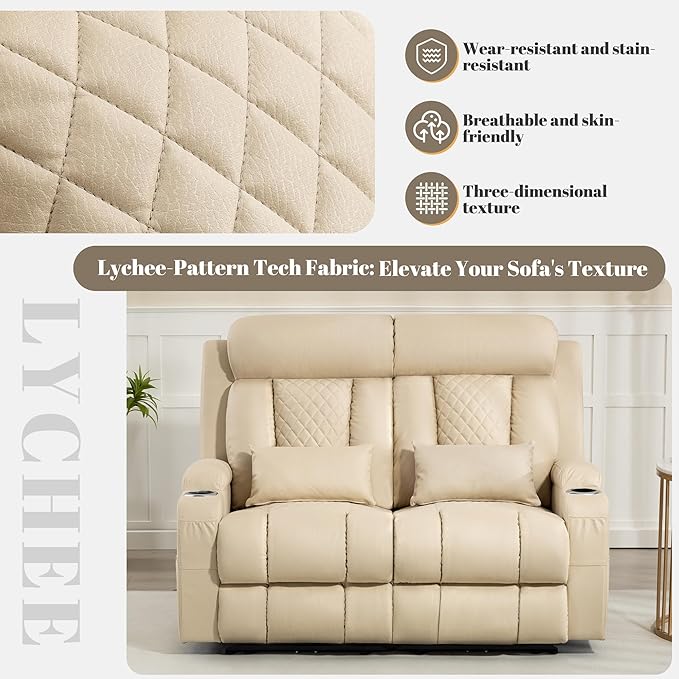 Zero Wall Hugger Power Reclining Loveseat with Adjustable Headrest, Power Loveseat Recliner Sofa with USB&Type-C Ports, Wall Hugger Loveseat Recliner for Living Room(Beige, 2 Seater)