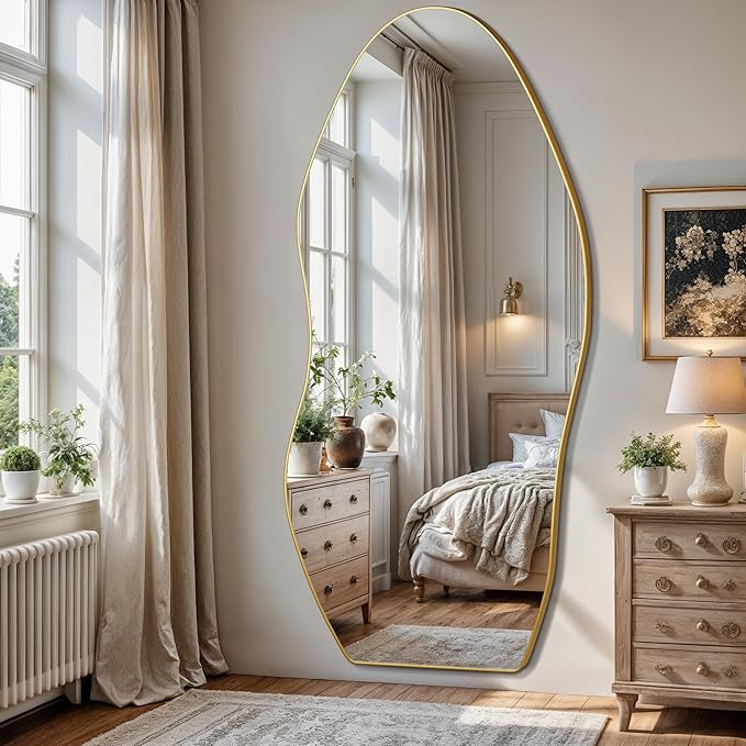Antok Full Length Mirror, 76"x36" Floor Mirror with Stand, Standing Hanging Leaning Irregular Mirrors for Bedroom Living Room Entryway, Wavy Shaped, Golden