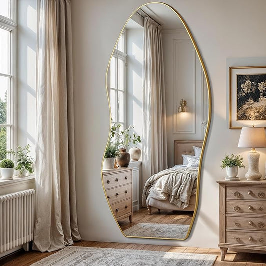 Antok Full Length Mirror, 76"x36" Floor Mirror with Stand, Standing Hanging Leaning Irregular Mirrors for Bedroom Living Room Entryway, Wavy Shaped, Golden