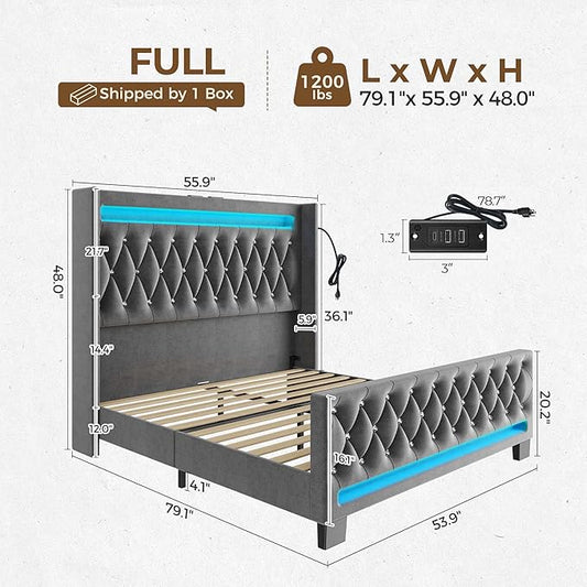 Rolanstar Full Bed Frame with LED Light and Charging Station, Upholstered High Headboard and Footboard, Wood Slats, Noise Free, Easy Assembly, Grey