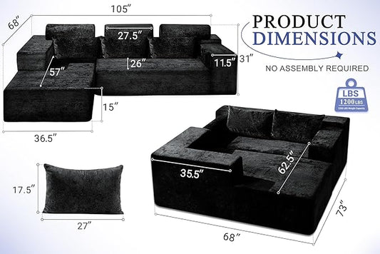 HABUTWAY 105" L-Shape Modular Sectional Sofa Couch for Living Room,No Assembly Required,Modular Comfy Sofa with Deep Seat for Living Room Bedroom,Luxury Distressed Velvet(Left,Black)