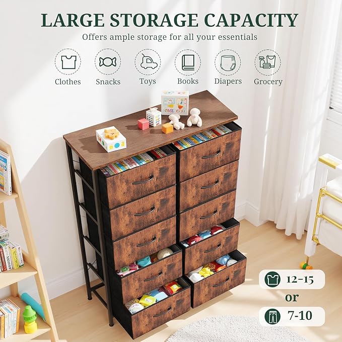 10-Drawer Dresser for Bedroom, Anti-Tip Tall Storage Organizer Chest of Drawers with Wooden Top and Metal Frame Fabric Bins for Closet, Living Room, Hallway, Entryway, Brown