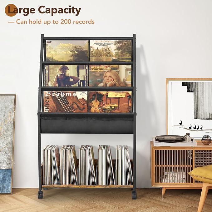 Keebofly Vinyl Record Storage, Record Holder Up to 200 Albums, Record Stand with 3 Tier Holder Display Shelf, Movable Vinyl Storage Organizer Rack, Record Cabinet for Book Magazine Turntable