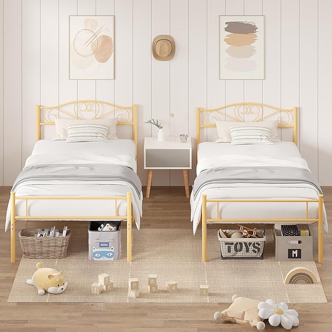 VECELO 14 Inch Twin Size Metal Platform Bed Frame with Headboard and Footboard, Heavy Duty Mattress Foundation with Steel Slats Support, No Box Spring Needed, Gold