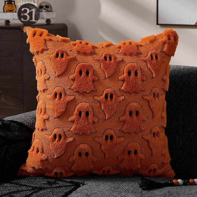 DFXSZ Halloween Pillow Covers 20x20 inch Set of 2 Orange White Ghost Throw Pillow Cases Soft Plush Faux Fur Wool Couch Cushion Case for Chair Sofa Bedroom Living Room Home Decor PTK03K20