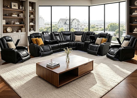 Power Reclining Sectional Sofa Set with LED, Living Room Furniture Sets, Leather Recliner Couch for Living Room/Home Theater, Sectional Couch and Chair with 4 Recliners, USB Port/Hide-Away Storage