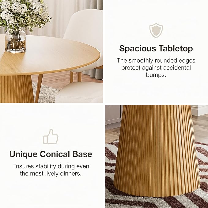 Casaphoria 60" Round Dining Table, Modern Wood Kitchen Table with Cone Grating Bar Base for Living Room & Dining Room, Easy Assembly Farmhouse Furniture for 4-6, Oak