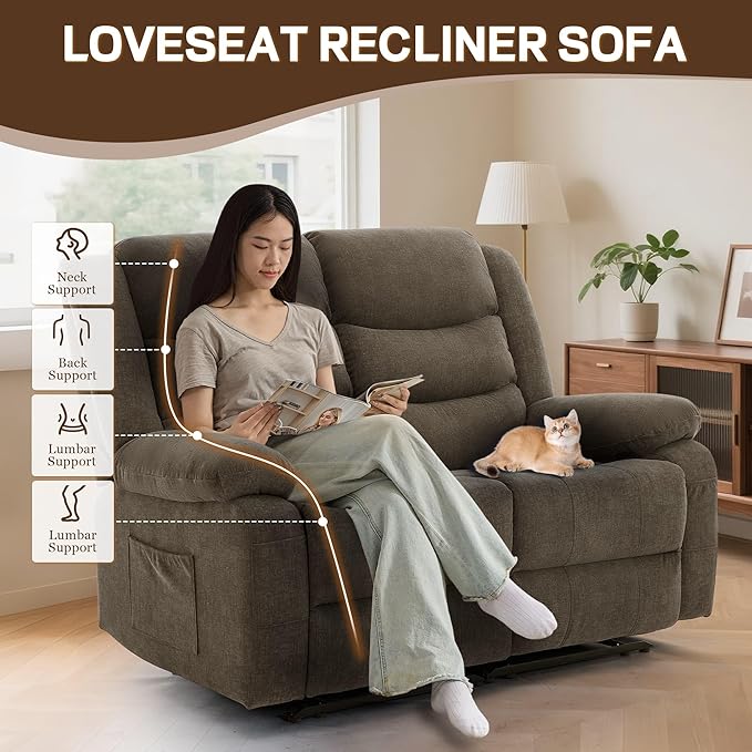 Korser Loveseat Recliner Sofa for RV Furniture and Theater Seating, Wall Hugger Loveseat Recliner, Oversized Loveseats Couch with Front Porckets&Side Pockets, Fabric, Brown