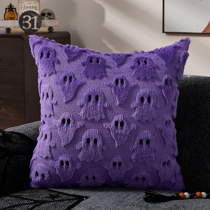 DFXSZ Halloween Pillow Covers 16x16 inch Set of 2 Purple Ghost Throw Pillow Cases Soft Plush Faux Fur Wool Couch Cushion Case for Chair Sofa Bedroom Living Room Home Decor PTK03E16