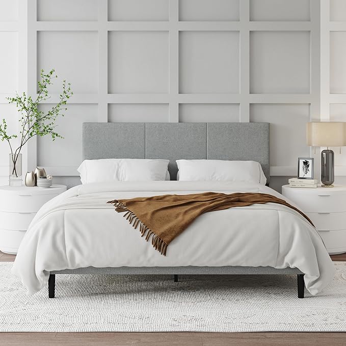 Queen Size Bed Frame with Upholstered Headboard, Sturdy Wood Slats, No Box Spring Required, Silent, Easy Assembly, Gray