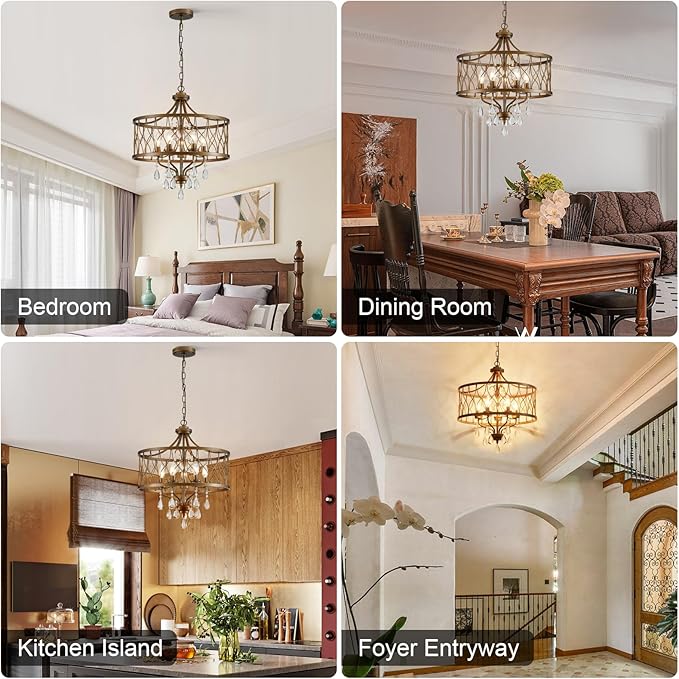 Modern Crystal Chandelier, 5-Light Farmhouse Bronze Chandelier for Dining Room Vintage Hanging Pendant Light Fixtures Round Chandelier for Kitchen Island Entryway Foyer Bedroom Office Bar