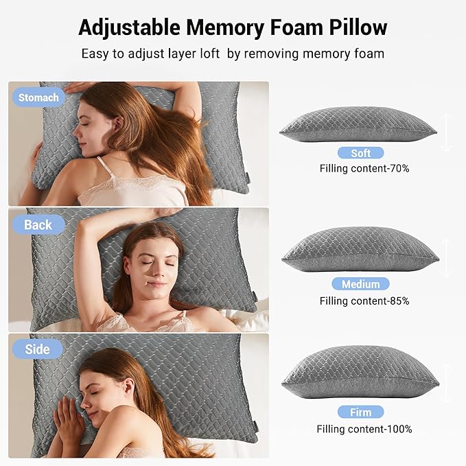 puredown® Pillows Queen Size Set of 2, Shredded Memory Foam Pillows, Cooling Foam Pillow for Sleeping, Soft Bed Pillow Queen Size with Adjustable Foam for Side, Back and Stomach Sleepers, Grey
