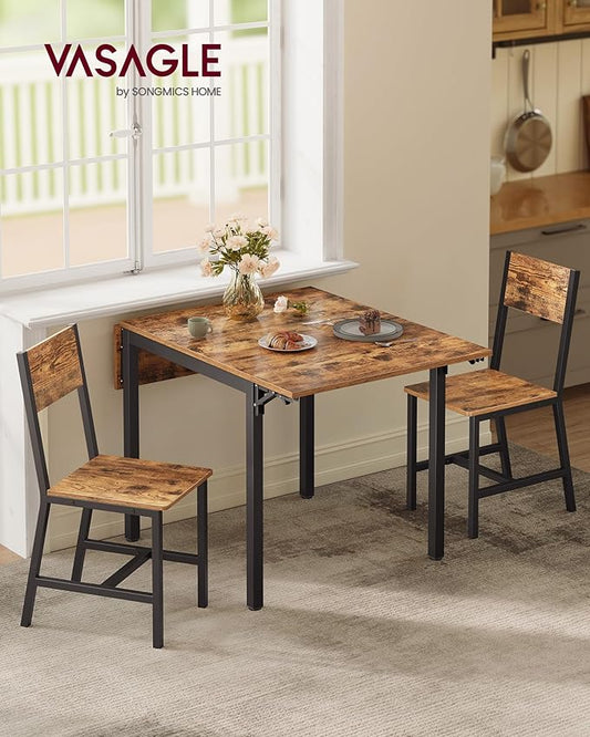 VASAGLE Extendable Dining Set, Dining Table with 2 Chairs, for Kitchen, 33.3-47.3 Inches Wide, Steel Frame, Rustic Brown and Ink Black LDC092B01V1-03