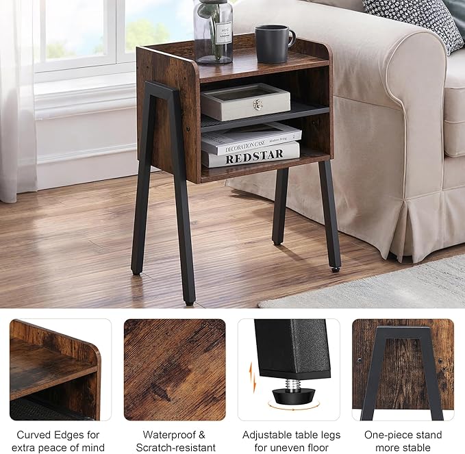 VECELO Nightstand Industrial Side End Table/Stackable Accent Furniture with 2-Tier Open Storage Compartments for Bedroom, Living Room and Small Spaces