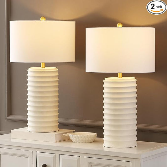 SAFAVIEH Lighting Collection – Melina Bone & White Washed Distressed 29-Inch Table Lamps, Set of 2, Rustic Farmhouse Design with LED Bulbs Included (TBL4121B-SET2)