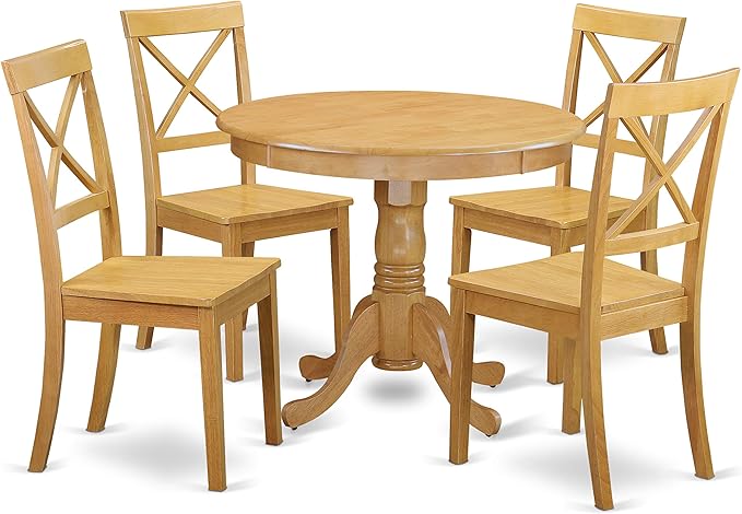East West Furniture ANBO5-OAK-W 5 Piece Modern Dining Table Set Includes a Round Kitchen Table with Pedestal and 4 Dining Chairs, 36x36 Inch, Oak