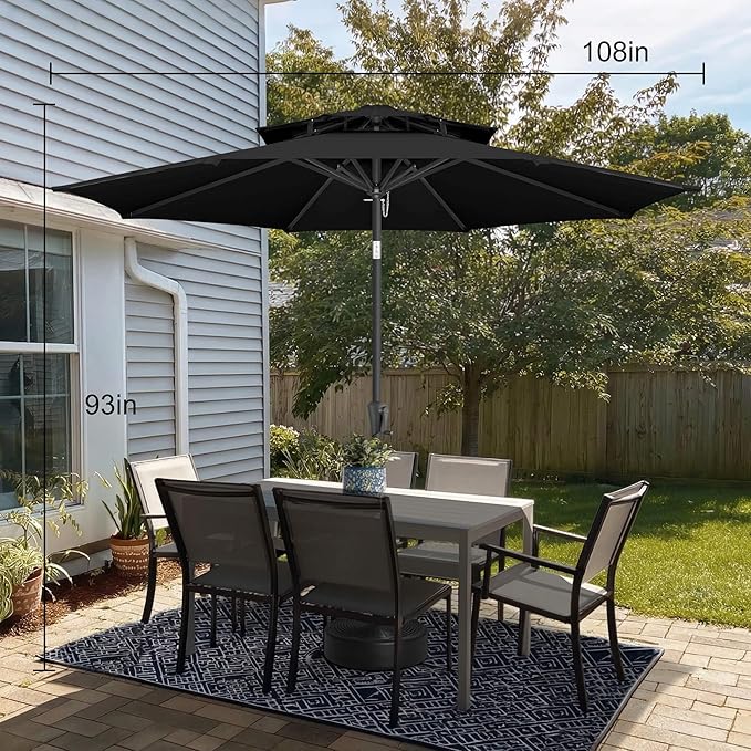 9ft Outdoor Patio Umbrella - 2-Tier Table Umbrella Waterprool UV Protection, Sombrillas de Patio with Push Button Tilt, Sun Umbrella for Pool, Porch, Garden, Backyard (Black)