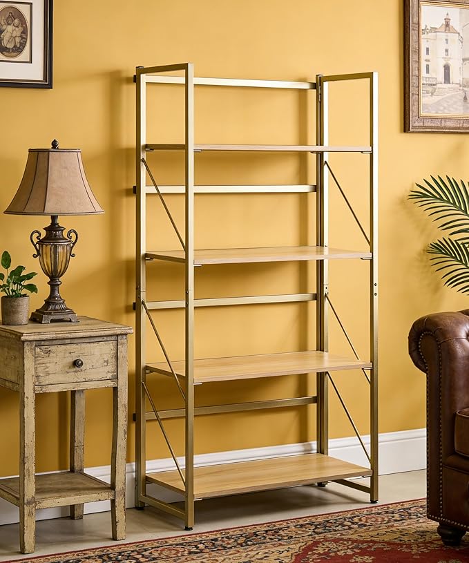 Folding Bookshelf,Multifunctional Foldable Plant Stand Storage Rack Shelves for Home Office, Easy Assembly, 4-Tier,Gold & Nature Wood
