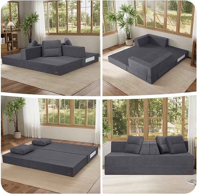 COMAX Futon Sofa Bed Queen, 79" Convertible Sofa Bed Couches for Living Room, 4 in 1 Folding Boneless Sleeper Corduroy Couch Loveseat Foam in a Box, Comfy Foldable Lounge Fold Out Floor Mattress Grey