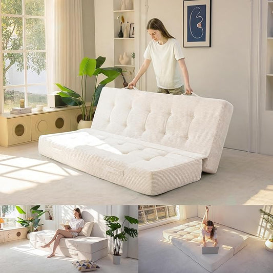 MAXYOYO 8" Foldable Floor Sofa Bed, Tufted Foldable Couch Bed Thick Folding Mattress with Handles, Versatile Folding Sofa Couch for Floor Sleeping, Living Room & Guest Room, Beige