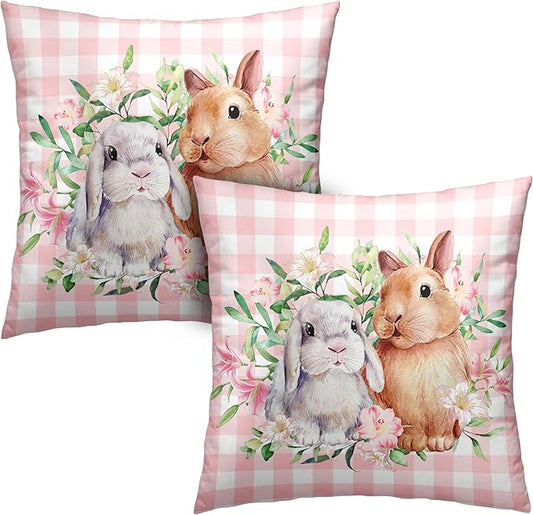 Spring Easter Pillow Covers 18x18 Pack of 2 Lovely Rabbit with Lily Flower Throw Pillow Covers Pink Plaid Bunny Pillow Case for Spring Easter Decoration Sofa Patio Garden