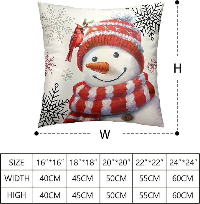 Christmas Snowman Pillow Covers 16x16 Set of 2 Lovely Red Snowman with Cardinal Bird Snowflake Cushion Case Winter Holiday Throw Pillow Covers for Living Room Bedroom Sofa