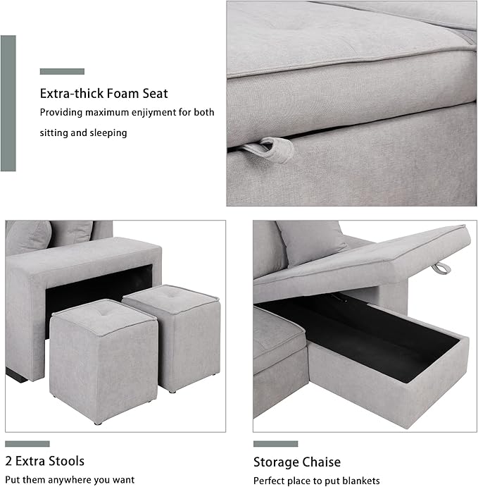 Merax Sleeper Sofa Bed with Reversible Storage Chaise Lounge and 2 Storage Ottoman, L-Shape Couch for Living Room