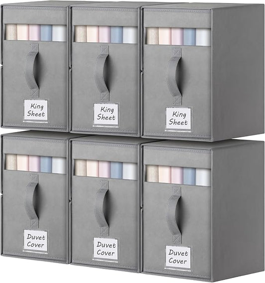 6 Pack Large Bed Sheet Organizers and Storage, (King & Queen Size) Sheet Organizer for Linen Closet, Foldable Bedding Storage Box with Window for Bedsheets, Blanket, Duvet Cover Grey